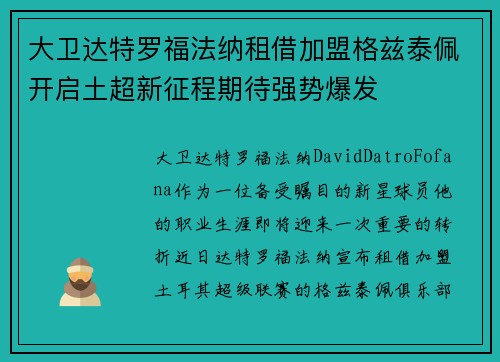 大卫达特罗福法纳租借加盟格兹泰佩开启土超新征程期待强势爆发